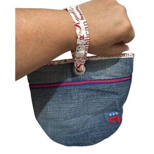 Handmade Lunchbag Sz S Upcycled Recycled Denim Embroidered Republican USA OOAK